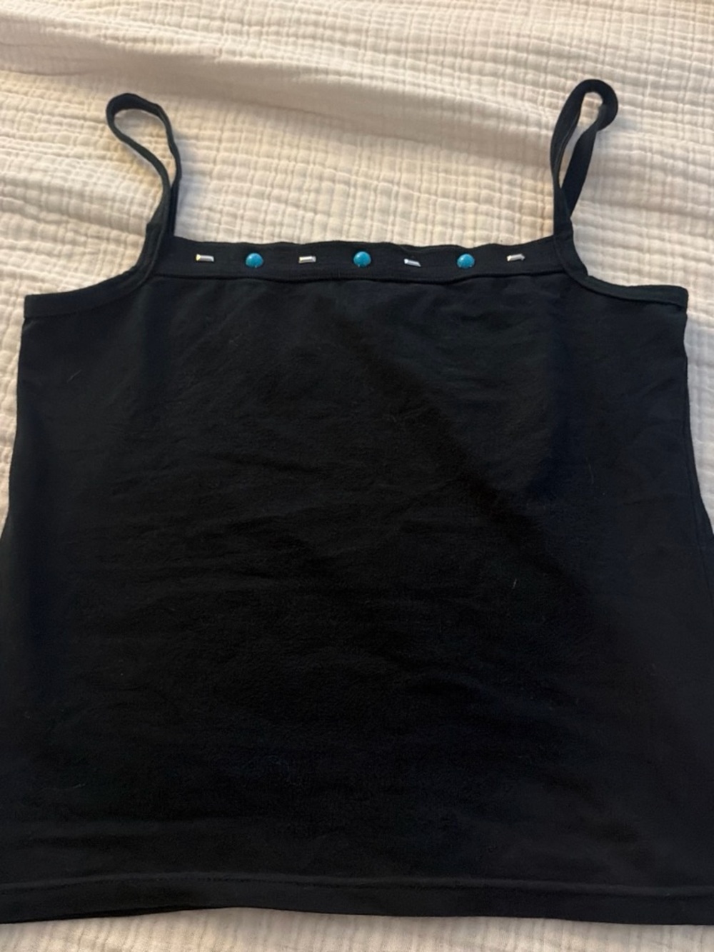 Black Spaghetti-Strap Camisole with Turquoise Accent Buttons